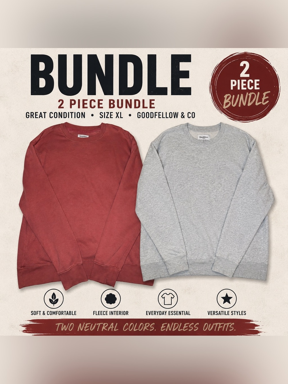 Goodfellow & Co Crewneck Sweatshirt Bundle XL Gray Burgundy Fleece